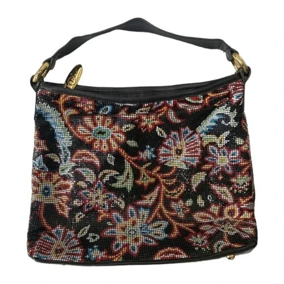 Whiting & Davis metal mesh shoulder bag floral print leather trim multicolor - Picture 7 of 16